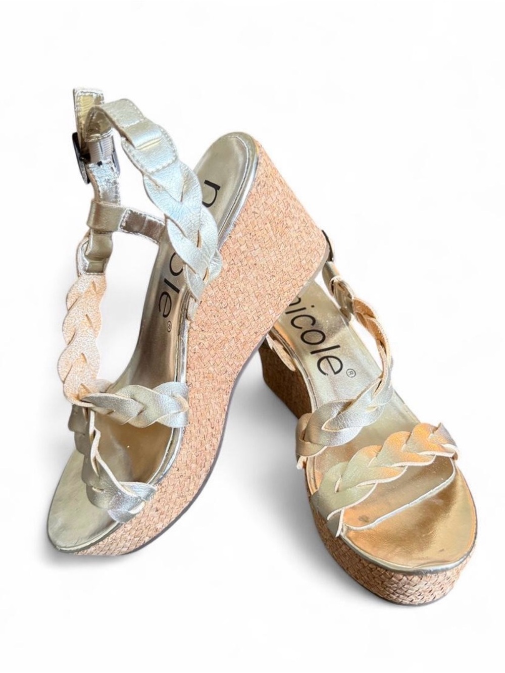 Nicole Braided Metallic Wedge Sandals in Gold and Tan
